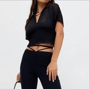 UO crop top black ruched elastic waist with zipper v neck semi sheer